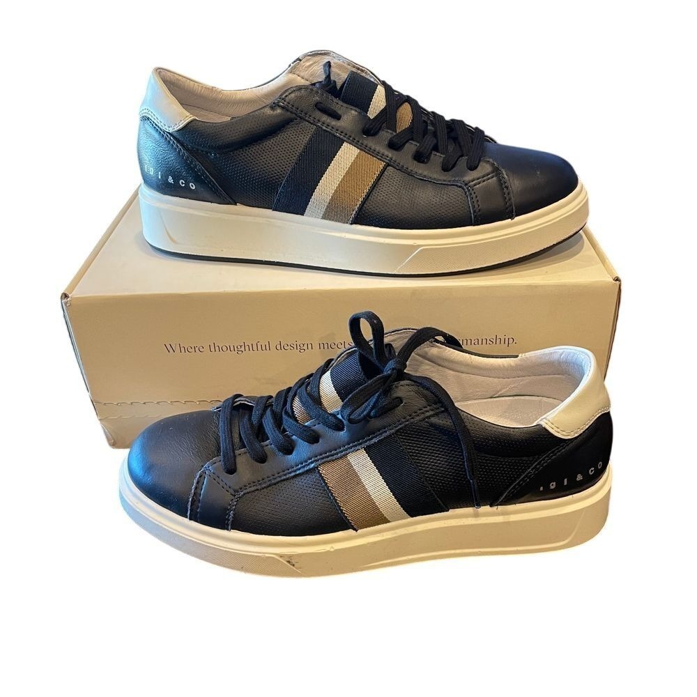IGI&CO Made In Italy Men's Leather Low Top Sneakers Navy Blue Stripe 42/US 11.5